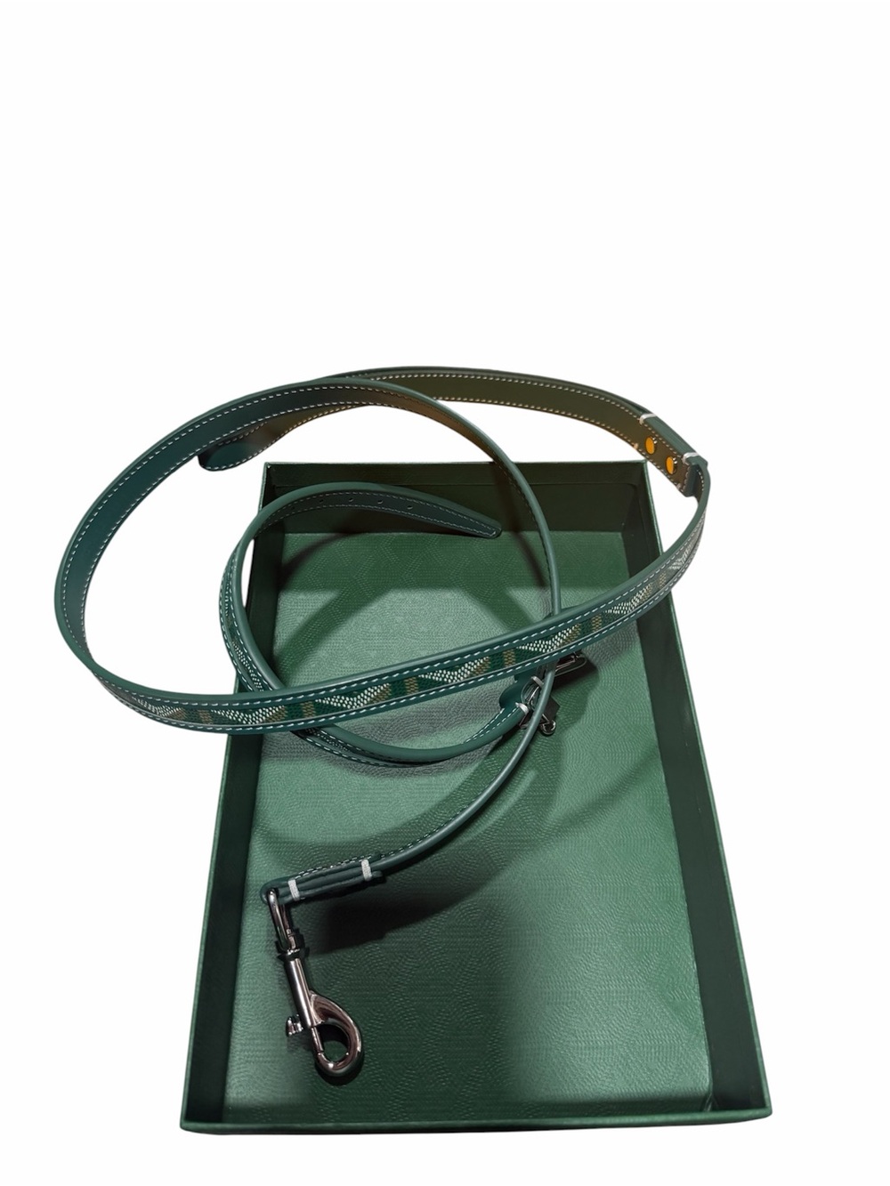 Green Leather Dog Leash with Silver Hardware